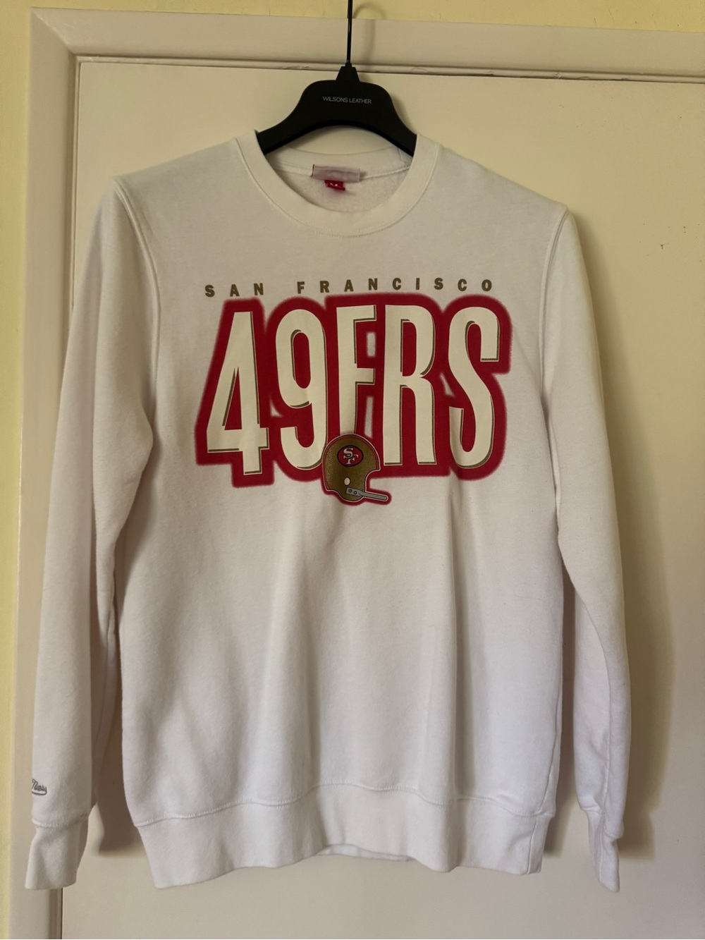 Mitchell & Ness White San Francisco 49ers Crewneck with Red and Gold Graphics